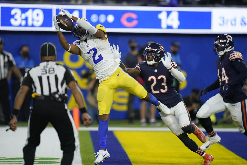 Los Angeles Rams wide receiver Robert Woods makes a catch in the end zone for a touchdown as Chicago Bears defensive back Marqui Christian (23) defends during the second half of an NFL football game, Sunday, Sept. 12, 2021, in Inglewood, Calif. (AP Photo/Jae C. Hong)