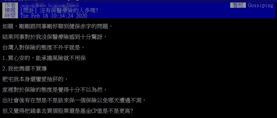 近日有網友於PTT上以「沒有保醫療險的人多嗎？」為題Po文（圖／PTT）