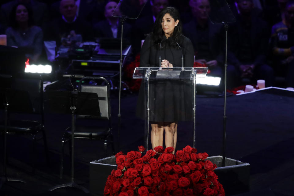 Vanessa Bryant speaks during a celebration of life for her husband Kobe Bryant and daughter Gianna Monday, Feb. 24, 2020, in Los Angeles. (AP Photo/Marcio Jose Sanchez)