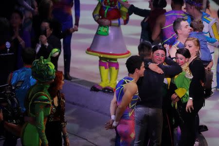 Performers embrace after the last show of the Ringling Bros. and Barnum & Bailey circus at Nassau Coliseum in Uniondale, New York, May 21, 2017. REUTERS/Lucas Jackson