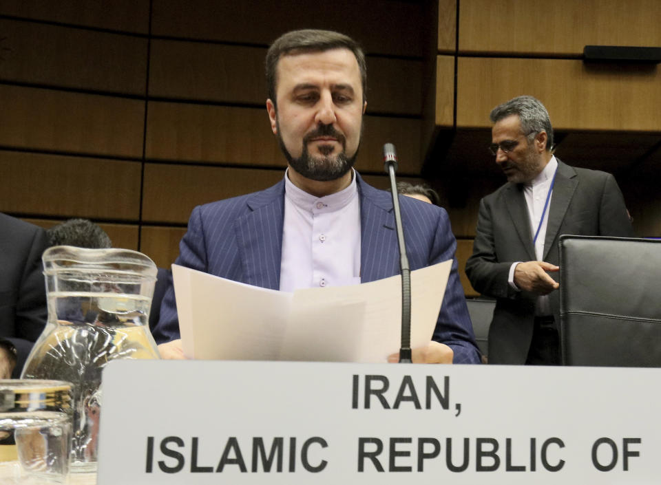 Iran's Ambassador to the International Atomic Energy Agency, IAEA, Gharib Abadi, waits for the start of the IAEA board of governors meeting at the International Center in Vienna, Austria, Wednesday, July 10, 2019. (AP Photo/Ronald Zak)