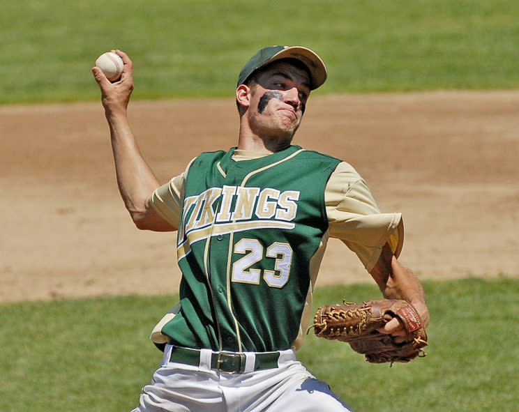 Oxford Hills Comprehensive High School pitcher Eric Henderson pitches against Biddeford in the Class A State Championship game. (Ouellette/Portland Press Herald via Getty Images)