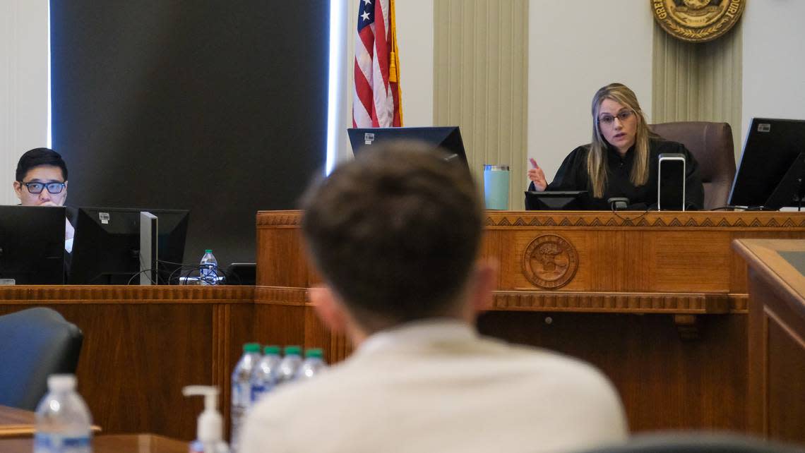 Jackson County Judge Sarah A. Castle on Wednesday spoke to Jerron Lightfoot of Tonganoxie about what she was considering when determining his sentencing for his guilty pleat to two counts of involuntary manslaughter. Castle sentenced Lightfoot to 10 years in prison for driving recklessly and causing the February 2023 crash that killed Kansas City police officer James Muhlbauer and Jesse Eckes, a bystander caught up in the wreckage. Muhlbauer’s police dog, Champ, was also killed in the crash. Robert A. Cronkleton