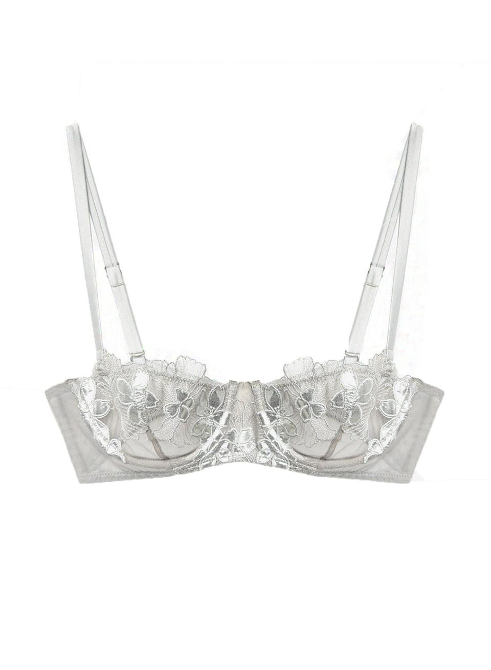 <p><strong>Fleur Du Mal</strong></p><p>fleurdumal.com</p><p><a href="https://www.fleurdumal.com/collections/lingerie-sale/products/violet-balconette-bra-silver-foil" rel="nofollow noopener" target="_blank" data-ylk="slk:Shop Now;elm:context_link;itc:0;sec:content-canvas" class="link ">Shop Now</a></p><p><strong><del>$178</del> $107 (40% off)</strong></p><p>As delicate as it is durable, this embroidered design will reign supreme in any bra collection. </p>