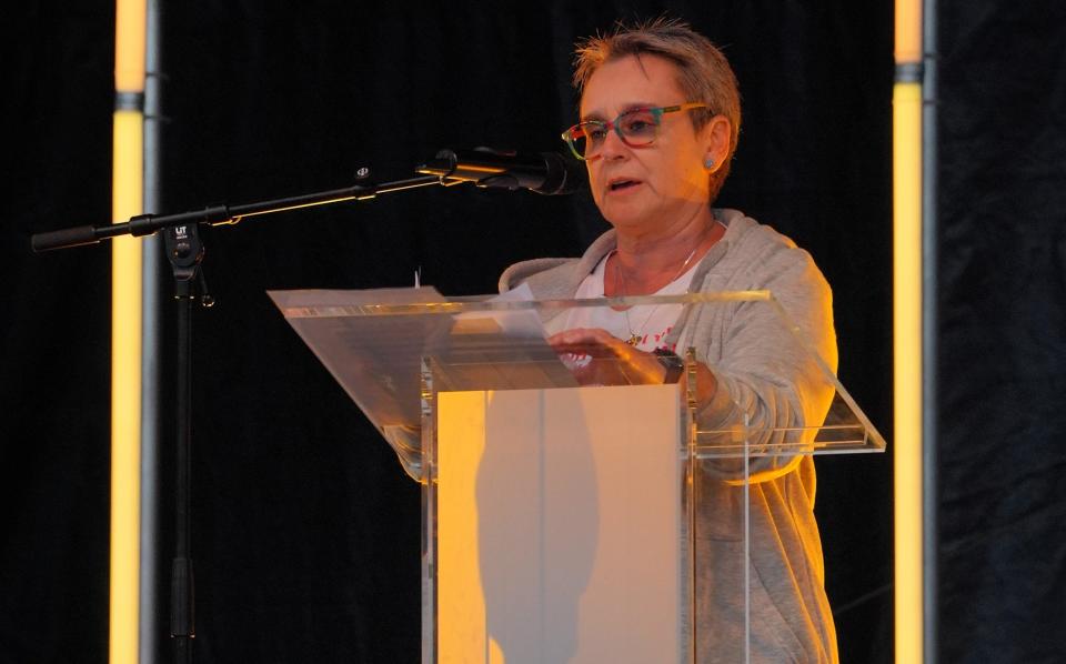 Mandy Damari, mother of hostage Emily Damari, speaking at the Remembering October 7 memorial event in Hyde Park, central London