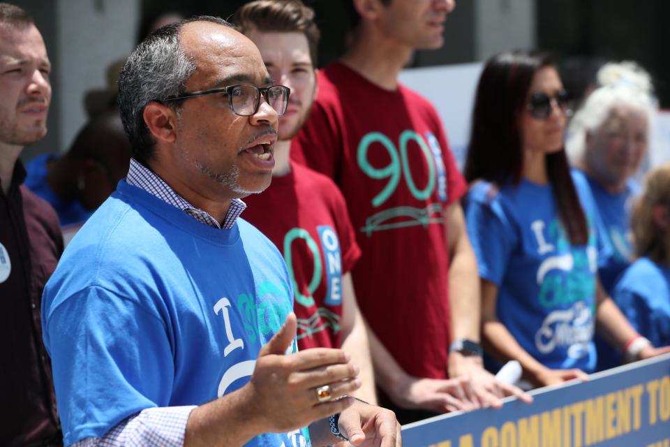 Cardell Orrin of Stand for Children speaks for a group of educators and community leaders gathered outside of the Shelby County Administration Building downtown for a 'Fund Students First Public Rally' with budget requests for school facility investments, pre-k funding and other academic initiatives, while county commissioners meet to discuss Shelby County School's budget on Wednesday, June 19, 2019. 