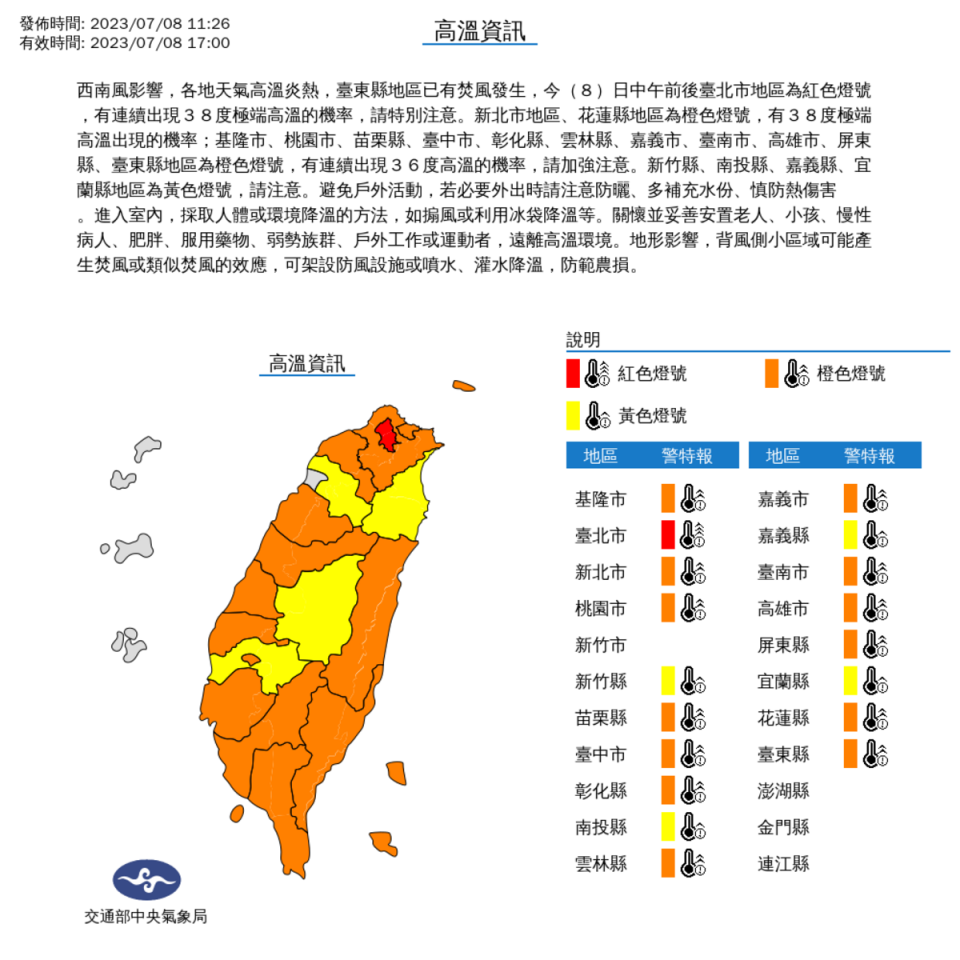 受到太平洋高壓籠罩和西南風沉降影響，全台飆高溫，中央氣象局對新竹市以外的18個縣市發布高溫特報。   圖：取自中央氣象局網站