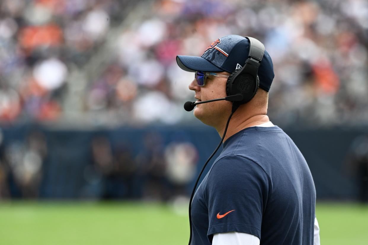 Chicago Bears offensive coordinator Luke Getsy looks on during the team’s preseason game against the Buffalo Bills at Soldier Field.