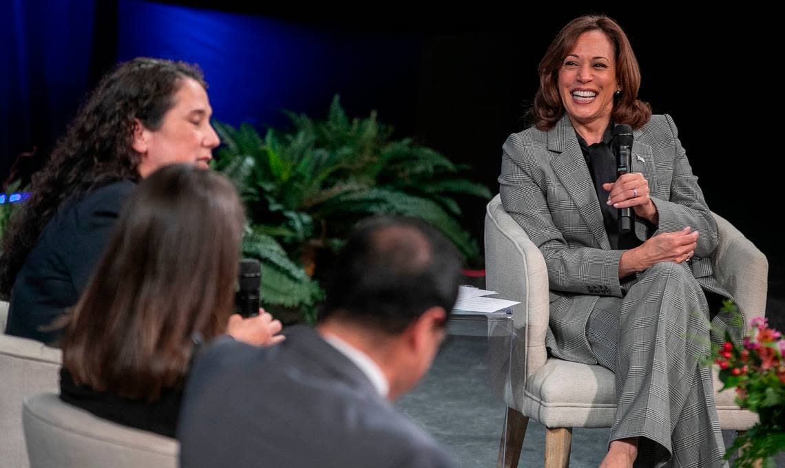 Vice President Kamala Harris speaks during a panel discussion on small businesses with Vicky Garcia, Isabella Casillas Guzman and Jorge Buzo in the Fletcher Theatre at the Duke Energy Performing Arts on Monday, January 30, 2023 in Raleigh, N.C.