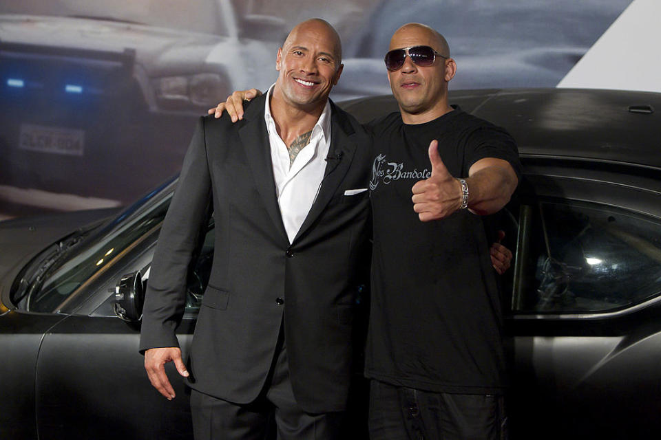 Closeup of Dwayne "The Rock" Johnson and Vin Diesel