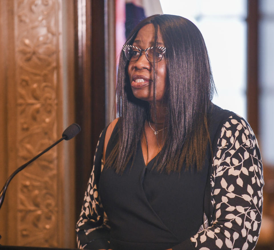 The newest member of the Missouri Supreme Court, Judge Robin Ransom, addresses the media after being introduced by Gov. Mike Parson during a news conference Monday, May 24, 2021, at Parson's Capitol office in Jefferson City, MO. Ransom was selected from 25 applicants for the position. (Julie Smith/The Jefferson City News-Tribune via AP)