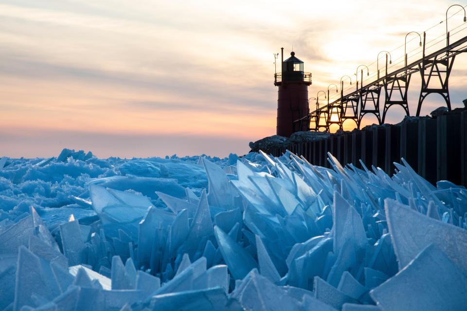 Lake Michigan is starting to melt as spring approaches, causing the ice to break apart and bunch together in a stunning display of ice shards.