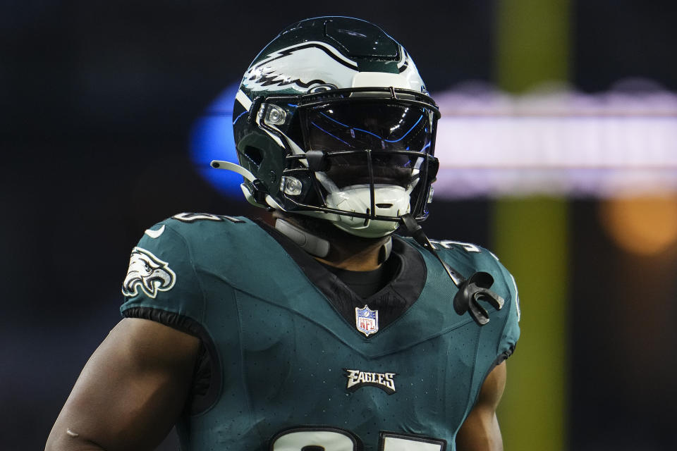 Boston Scott of the Philadelphia Eagles fumbled a kickoff return after he was hit by his own teammate. (Photo by Cooper Neill/Getty Images)