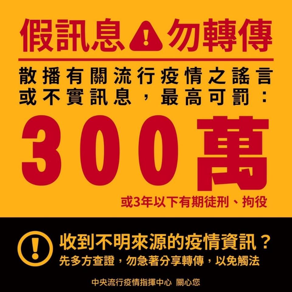 指揮中心今(29)日表示，請勿再散播假消息，以免觸法遭罰。   圖：中央流行疫情指揮中心/提供