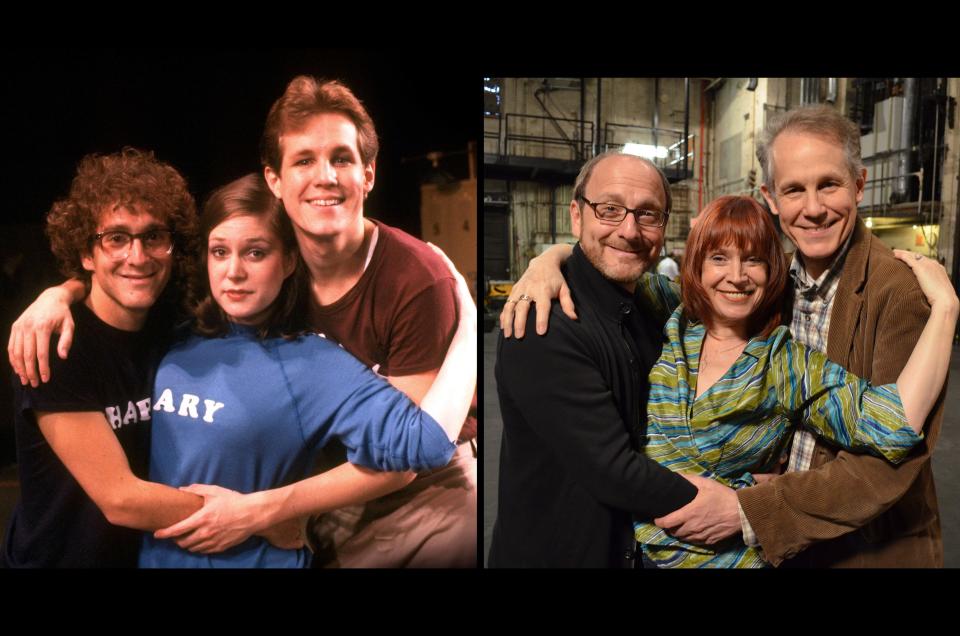 Lonny Price, left, Ann Morrison and Jim Walton during the production of “Merrily We Roll Along” in 1981 and during a reunion for the 2016 documentary about the musical “Best Worst Thing That Ever Could Have Happened.”