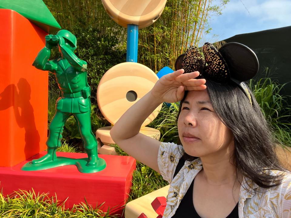 A larger-than-life toy Amy soldier makes the perfect backdrop for a silly selfie. Wonder what he sees.