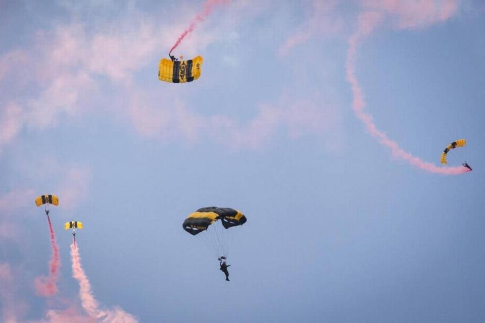 The U.S. Army Golden Knights parachute team performs at the Air and Sea Show Media Event at the Coast Guard Air Station Miami at Opa-locka Executive Airport on Friday, May 26, 2017.