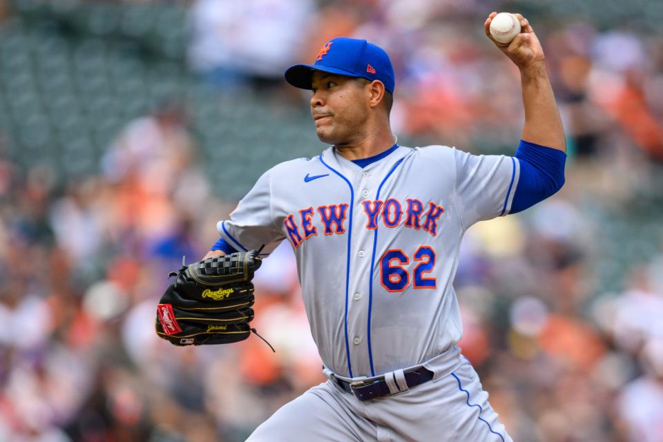 New York Mets starting pitcher Jose Quintana (62) throws a pitch during the second inning against the Baltimore Orioles on Aug. 6, 2023, at Oriole Park at Camden Yards.