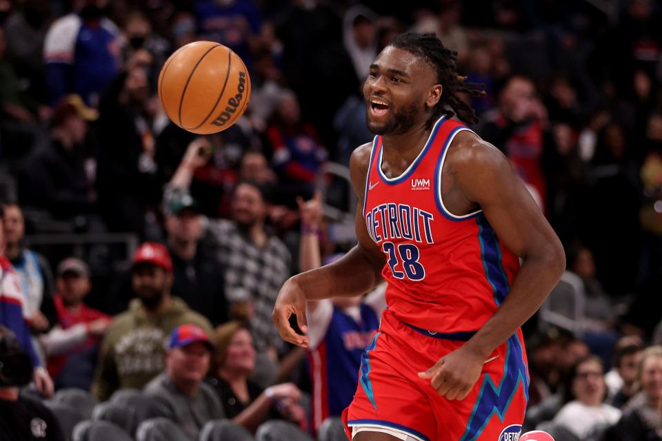 Pistons big man Isaiah Stewart reacts in the fourth quarter while playing the Indiana Pacers at Little Caesars Arena on March 4, 2022 in Detroit. Detroit won the game, 111-106.