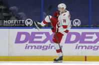 Carolina Hurricanes' Steven Lorentz celebrates his goal against the Tampa Bay Lightning during the second period of an NHL hockey game Tuesday, April 20, 2021, in Tampa, Fla. (AP Photo/Mike Carlson)