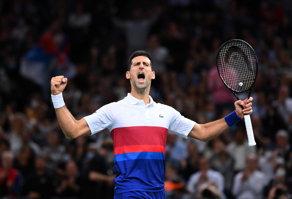 PARIS, FRANCE - NOVEMBER 06: Novak Djokovic of Serbia celebrates winning a point during his singles semi final match against Hubert Hurkacz of Poland during Day Six of the Rolex Paris Masters at AccorHotels Arena on November 06, 2021 in Paris, France. (Photo by Justin Setterfield/Getty Images)