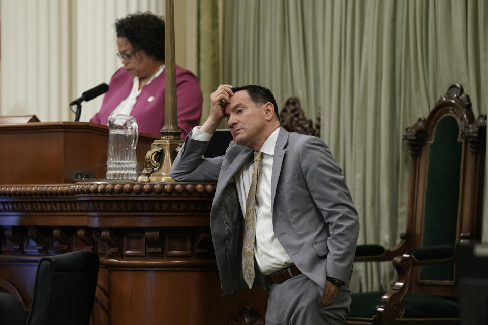 FILE – Assembly Speaker Anthony Rendon listens to lawmakers debate a bill on May 25, 2022, in Sacramento, Calif. Rendon will step down as speaker on Friday, June 30, 2023, giving way to Assemblymember Robert Rivas. Rendon has been in office since 2016, making him the second-longest serving speaker in state history. (AP Photo/Rich Pedroncelli, File)