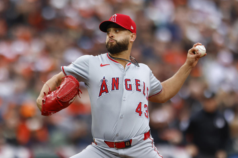 Angels starting pitcher Patrick Sandoval (43) throws during the first inning of a baseball game against the Baltimore Orioles, Thursday, March 28, 2024, in Baltimore. (AP Photo/Julia Nikhinson)