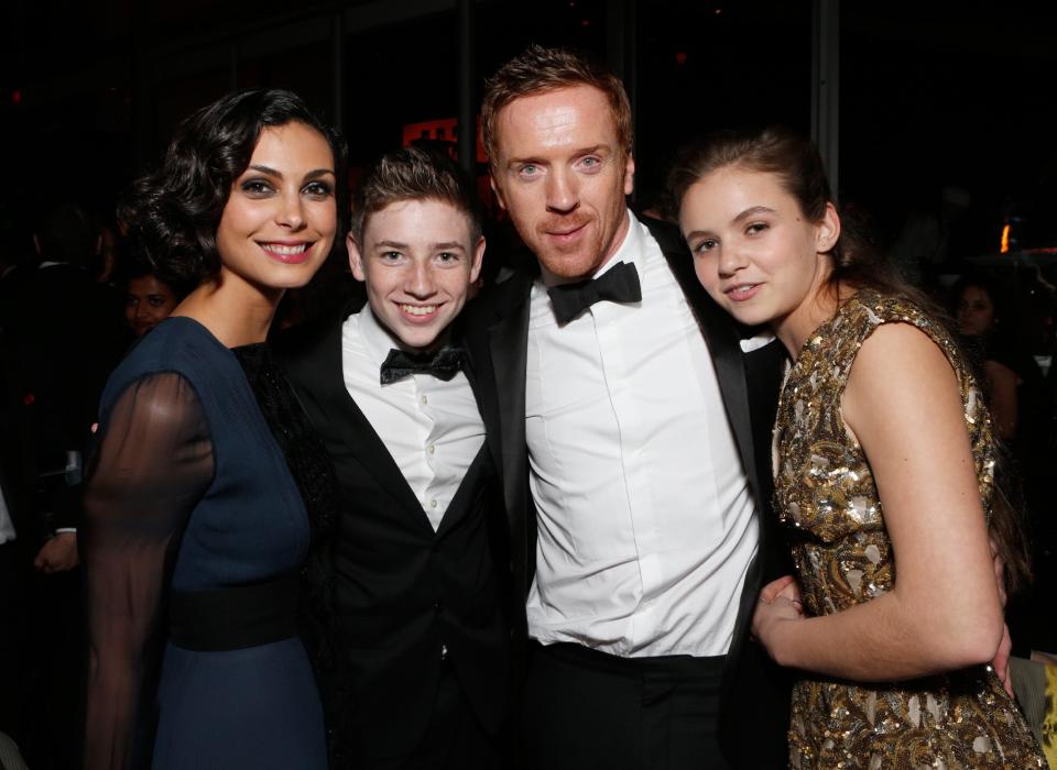 IMAGE DISTRIBUTED FOR FOX SEARCHLIGHT - From left, actors Morena Baccarin, Jackson Pace, Damian Lewis and Morgan Saylor attend the Fox Golden Globes Party on Sunday, January 13, 2013, in Beverly Hills, Calif. (Photo by Todd Williamson/Invision for Fox Searchlight/AP Images)