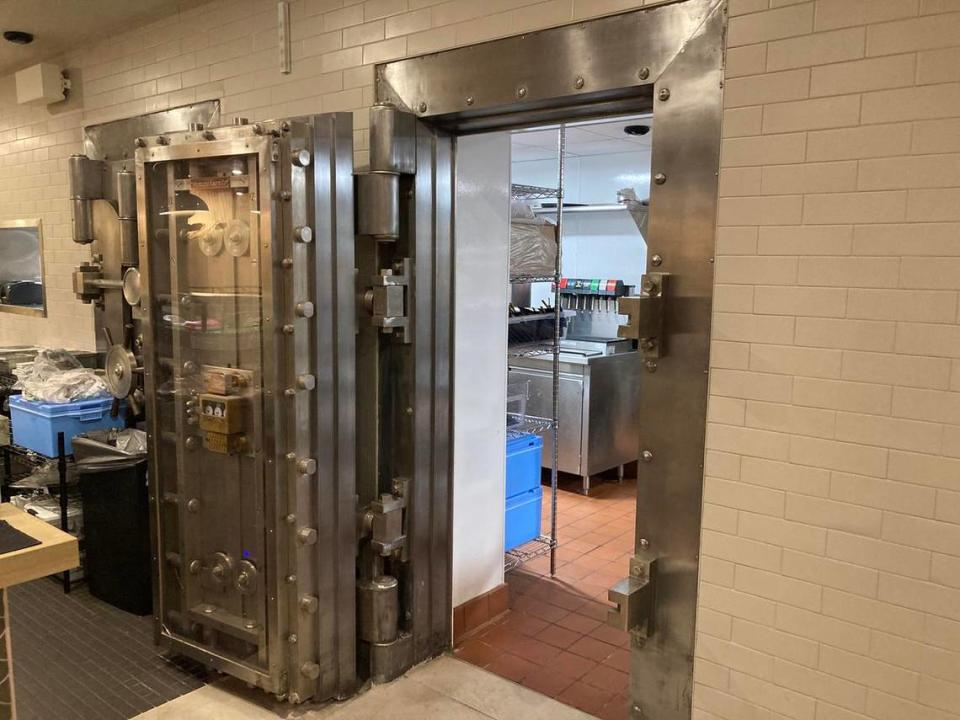 Musume restaurant’s kitchen and dining rooms on the basement level of the Sandman Signature Hotel incorporated the century-old Waggoner building’s old bank vaults when it was renovated. This photo was taken in July.