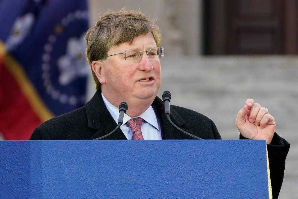 Mississippi Republican Gov. Tate Reeves delivers his address during his inauguration for a second term, at the Mississippi State Capitol in Jackson on Tuesday. Rogelio V. Solis/AP