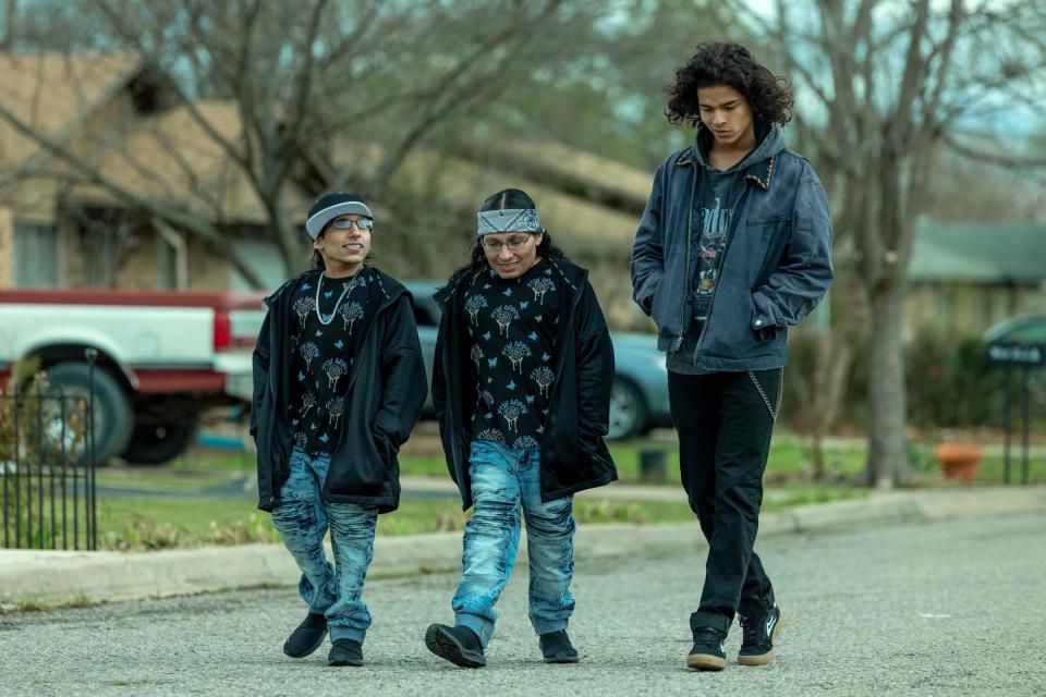 From left, Funny Bone plays Mekko, Lil Mike as Mose and D’Pharaoh Woo-A-Tai as Bear on the hit streaming series "Reservation Dogs."