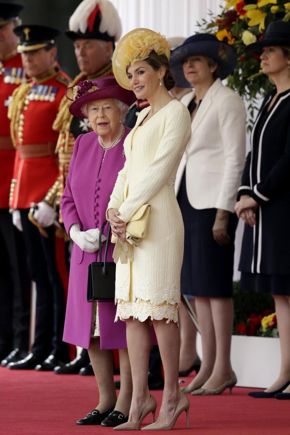 The Queen with Spain's Queen Letizia at the ceremonial welcome on Horse Guards Parade (AP)