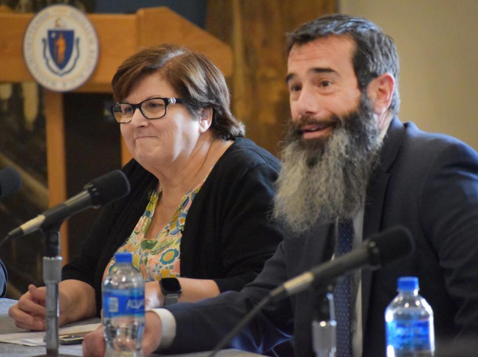 In this file photo, Fall River public schools Interim Superintendent Maria Pontes and Principal Matthew Desmarais hear from students at a roundtable discussion about the early college program at Durfee.