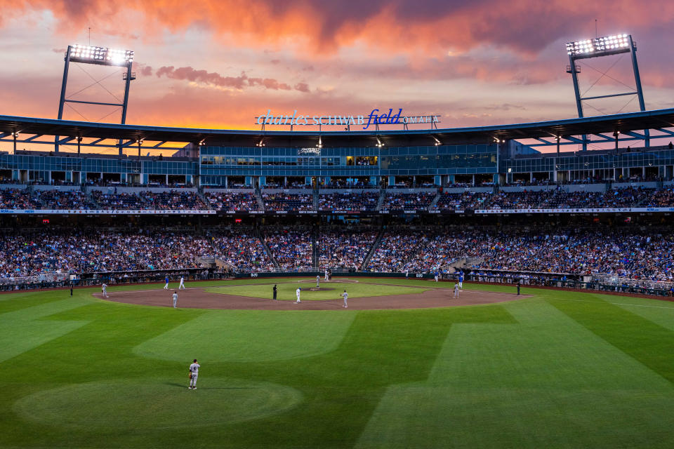 June 17, 2024; Omaha, NE, USA; The Texas A&M Aggies and Kentucky Wildcats play during the eighth inning at Charles Schwab Field Omaha. Mandatory Photo Credit: Dylan Widger-USA TODAY Sports