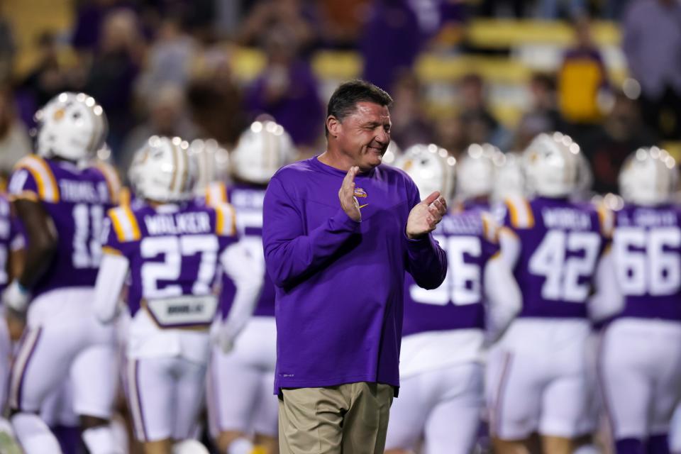 Nov 20, 2021; Baton Rouge, Louisiana, USA; LSU Tigers head coach Ed Orgeron looks on against Louisiana Monroe Warhawks  during the first half at Tiger Stadium. Mandatory Credit: Stephen Lew-USA TODAY Sports