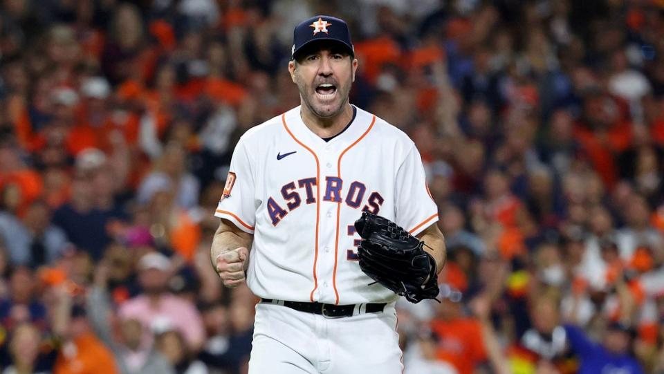 Oct 19, 2022;  Houston, Texas, USA;  Houston Astros starting pitcher Justin Verlander (35) reacts after striking out Houston Astros second baseman Jose Altuve (not pictured) to end the sixth inning in game one of the ALCS for the 2022 MLB Playoffs at Minute Maid Park.