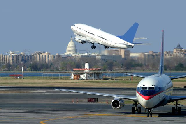 <p>Getty</p> A plane taking off from Ronald Reagan Washington National Airport