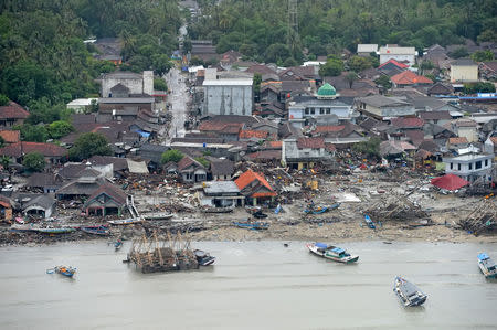 An aerial view of an affected area after a tsunami hit the coast of Pandeglang, Banten province, Indonesia, December 24, 2018 in this photo taken by Antara Foto. Antara Foto/HO-Susi Air/via REUTERS.