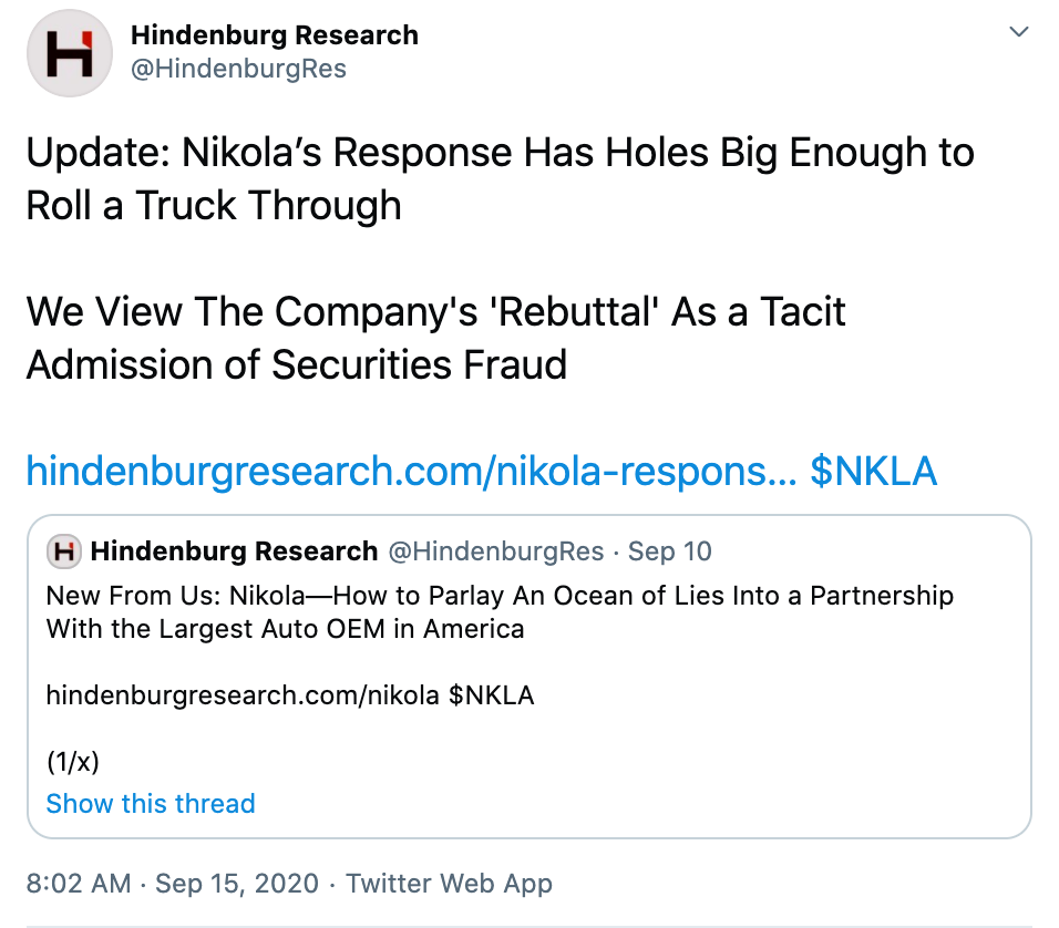 Hindenburg Research Twitter post September 15, 2020