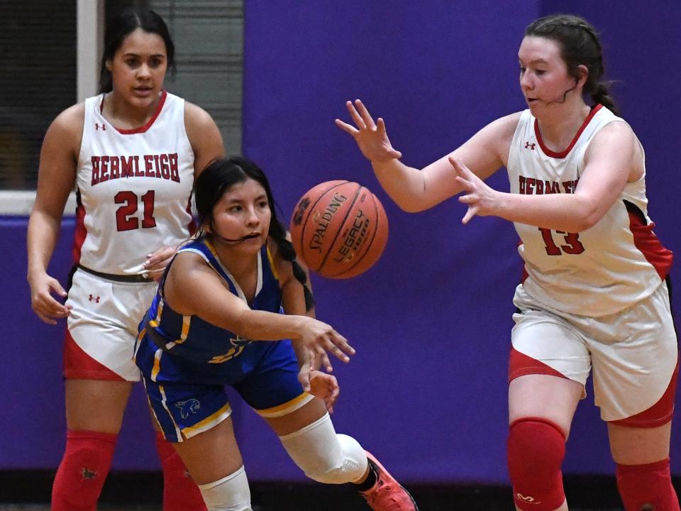 Rising Star's Monica Sandoval tries to pass the ball to a teammate but is intercepted by Hermleigh's Summer Smith during Monday's Class A, Region 2 playoff in Merkel Feb. 13, 2023. Final score was 72-19, Hermleigh.