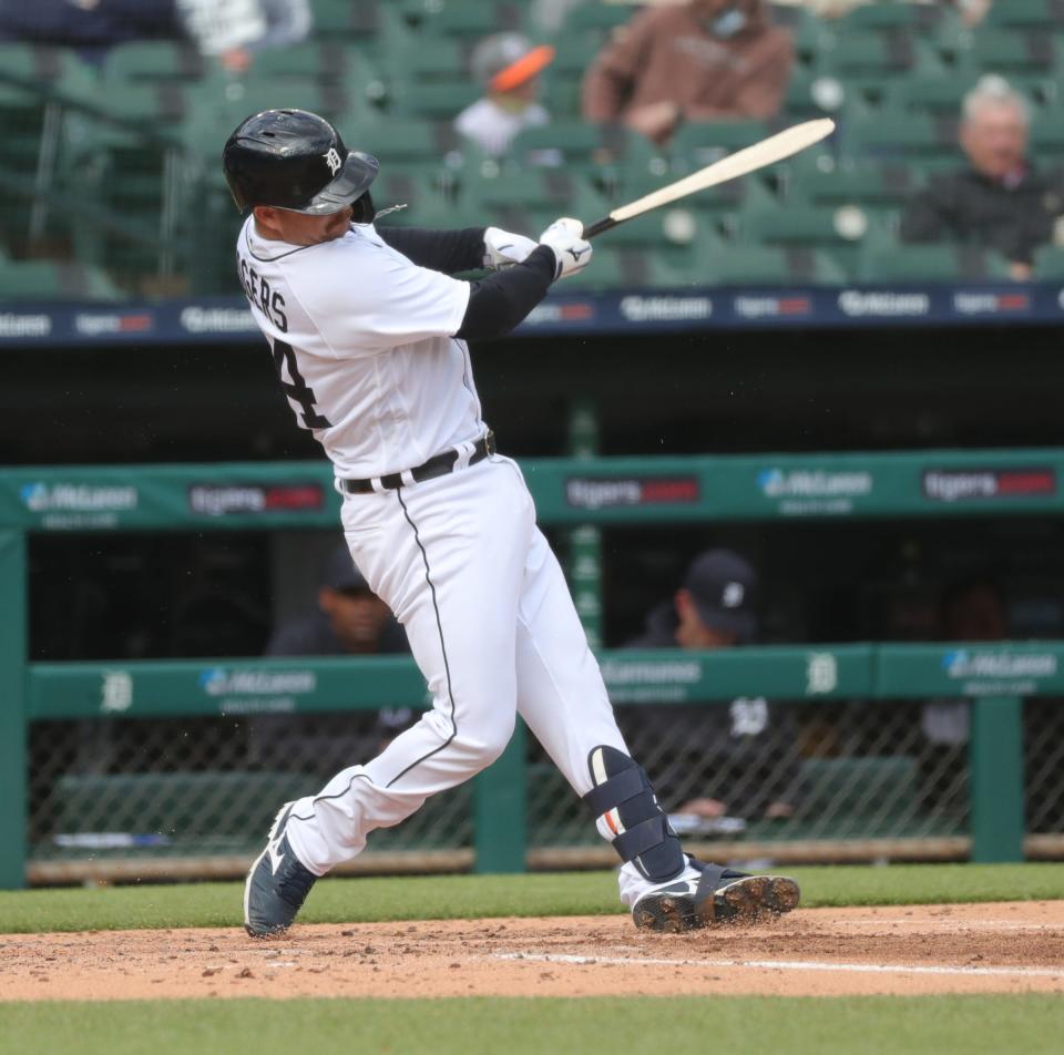 Detroit Tigers catcher Jake Rogers (34) bats against Minnesota Twins starting pitcher Jose Berrios (17) during second inning action Saturday, May 8, 2021 at Comerica Park in Detroit.