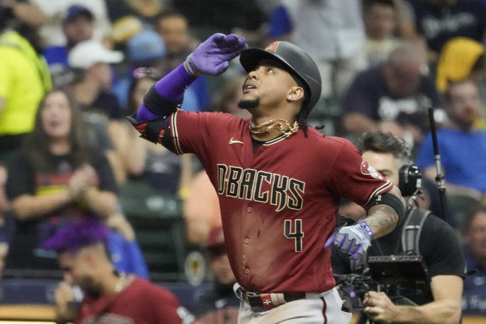 Arizona Diamondbacks' Ketel Marte celebrates his home run during the third inning of a Game 1 of their National League wildcard baseball game against the Milwaukee Brewers Tuesday, Oct. 3, 2023, in Milwaukee. (AP Photo/Morry Gash)