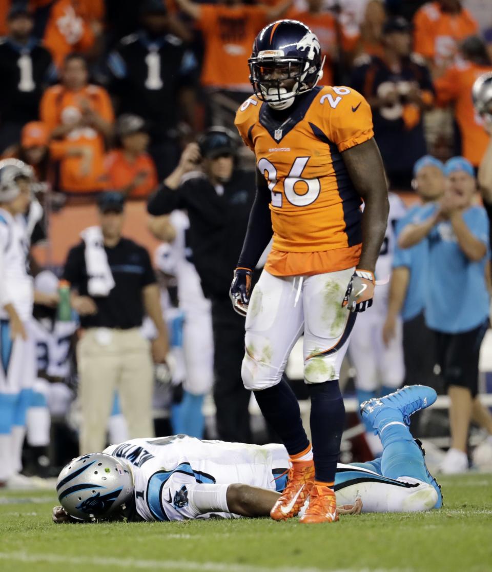 Darian Stewart (26) was fined for his helmet-to-helmet hit on Cam Newton (AP)