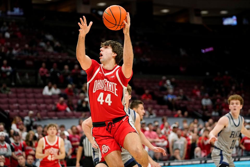 Nov 7, 2022; Columbus, Ohio, USA;  Ohio State Buckeyes guard Owen Spencer (44) takes a shot during the second half of the NCAA men's basketball game against the Robert Morris Colonials at Value City Arena. Ohio State won 91-53. Mandatory Credit: Adam Cairns-The Columbus Dispatch