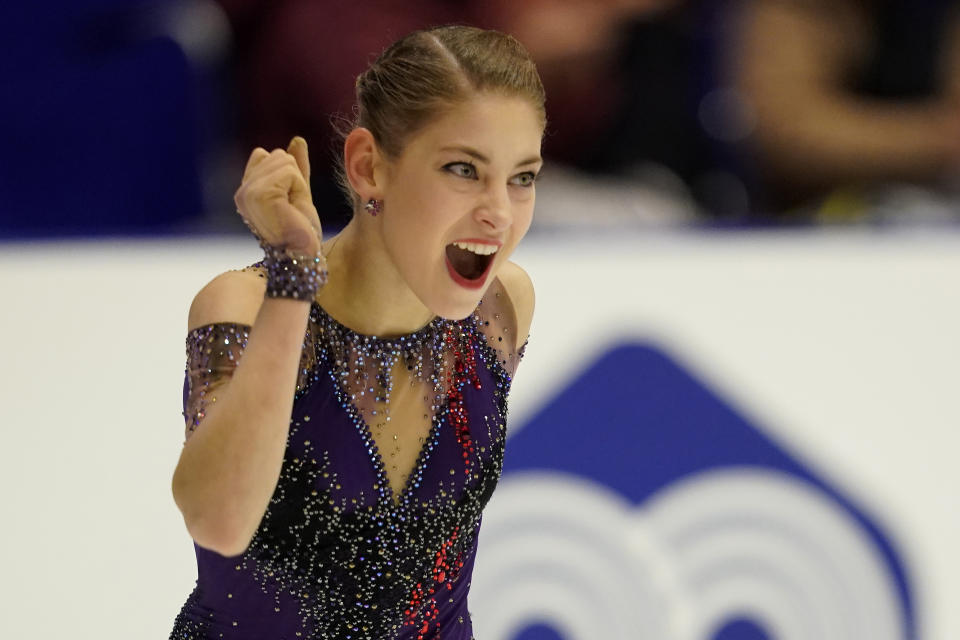 Alena Kostornaia of Russia performs in the ladies free skating program during the ISU Grand Prix of Figure Skating in Sapporo, northern Japan, Saturday, Nov. 23, 2019. (AP Photo/Toru Hanai)