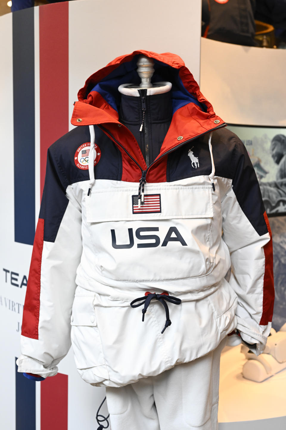 A Team USA Beijing winter Olympics opening ceremony uniform designed by Ralph Lauren is displayed Wednesday, Jan. 19, 2022, in New York. (Photo by Evan Agostini/Invision/AP)