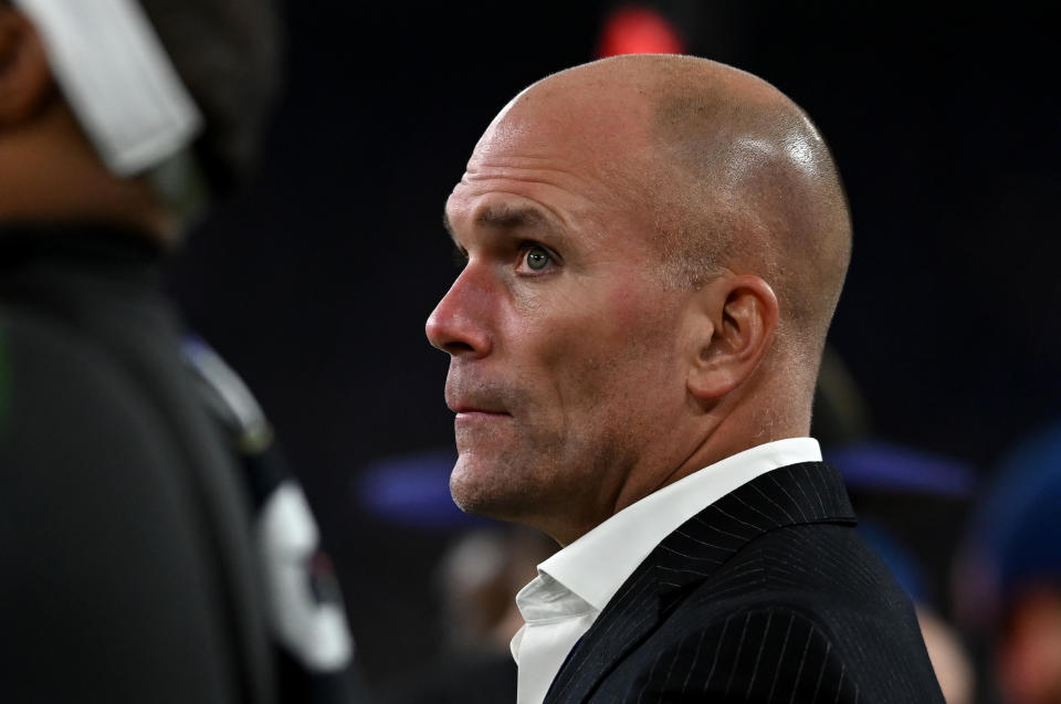 Nov 16, 2023; Baltimore, Maryland, USA; Baltimore Ravens general manager Eric DeCosta on the sideline during the fourth quarter against the Cincinnati Bengals at M&T Bank Stadium. Mandatory Credit: Tommy Gilligan-USA TODAY Sports