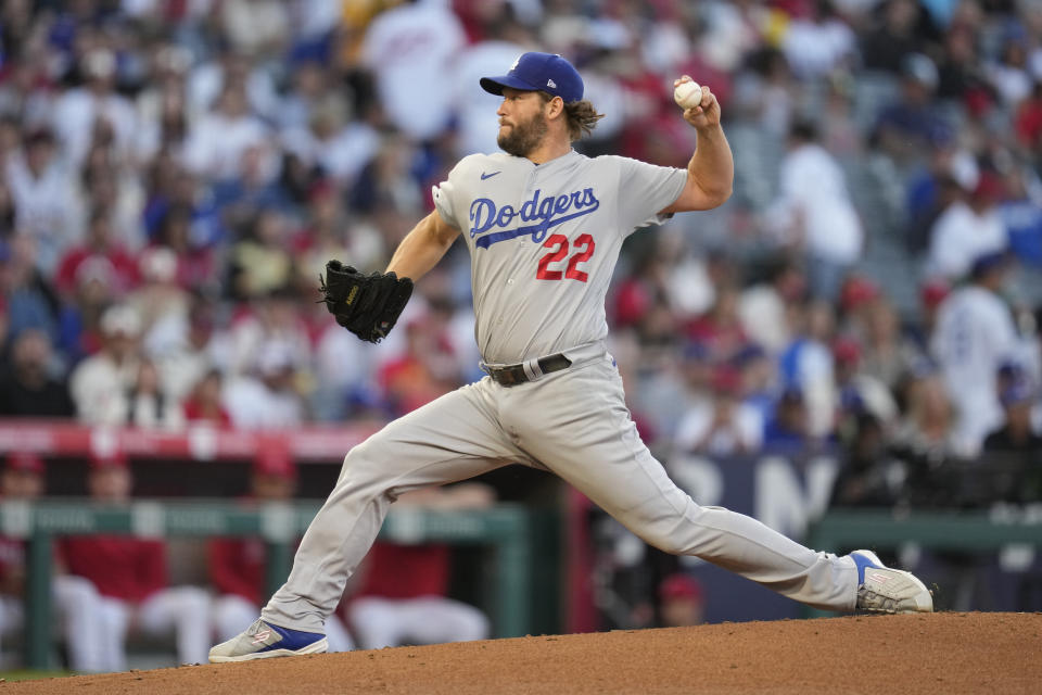 Los Angeles Dodgers starting pitcher Clayton Kershaw (22) throws during the second inning of a baseball game against the Los Angeles Angels in Anaheim, Calif., Tuesday, June 20, 2023. (AP Photo/Ashley Landis)
