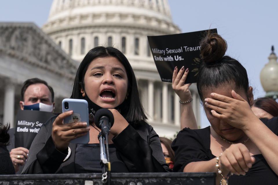 Lupe Guillén, left, and Gloria Guillén, Vanessa Guillén's sister and mother, speak during a news conference about the "I Am Vanessa Guillén Act," in honor of the late U.S. Army Specialist Vanessa Guillén, and survivors of military sexual violence, during a news conference on Capitol Hill, Wednesday, Sept. 16, 2020, in Washington. (AP Photo/Alex Brandon)