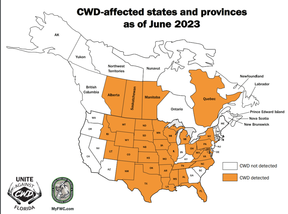 States and Canadian provinces where chronic wasting disease has been confirmed as of June 2023.